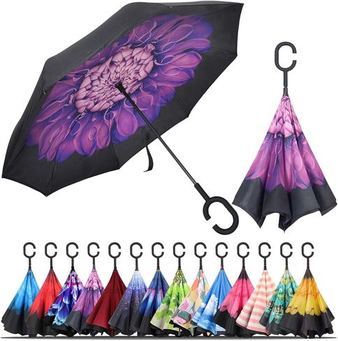 LLanxiry Windproof Inverted Umbrella, Large Reverse Umbrellas for Rain with C-shaped Handle Big Upside Down Inside Out Umbrella for Women & Men in Kuwait