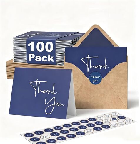 100 Pack Thank You Cards With Envelopes Bulk Set & Stickers - 4x6 inch Blank Thank You Notes Bulk Box Set - Large Note Card Small Business, Wedding, Baby Shower & Bridal Shower - Navy Blue in Kuwait