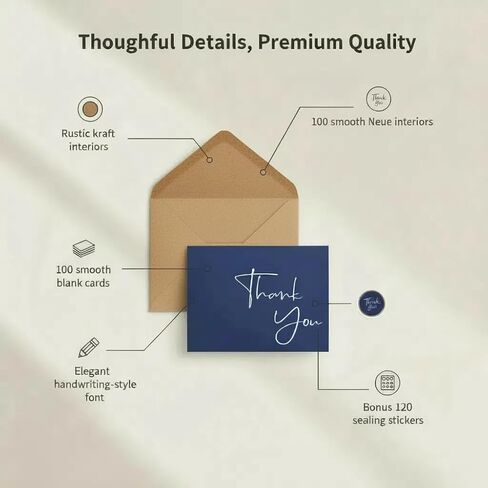 100 Pack Thank You Cards With Envelopes Bulk Set & Stickers - 4x6 inch Blank Thank You Notes Bulk Box Set - Large Note Card Small Business, Wedding, Baby Shower & Bridal Shower - Navy Blue in Kuwait