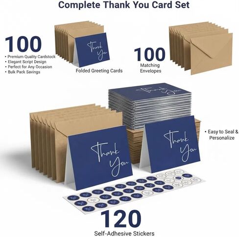 100 Pack Thank You Cards With Envelopes Bulk Set & Stickers - 4x6 inch Blank Thank You Notes Bulk Box Set - Large Note Card Small Business, Wedding, Baby Shower & Bridal Shower - Navy Blue in Kuwait