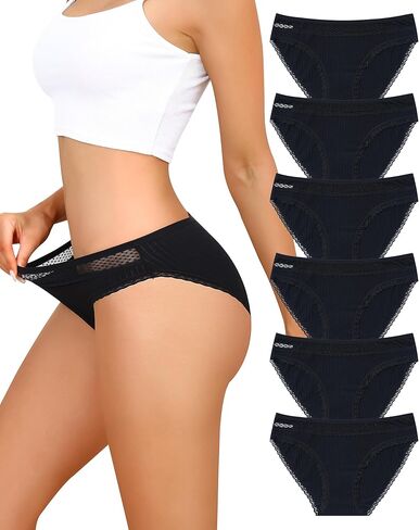 6PCS Women’s Black Lace-Trim Ribbed Underwear – Stylish Mid-Rise Panties for Versatile Wear in Saudi Arabia