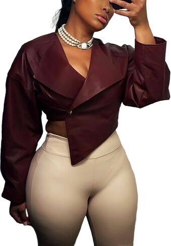 Vaceky Women's PU Leather Cropped Jacket Trench Coat Asymmetrical Short Bomber Jackets in Saudi Arabia