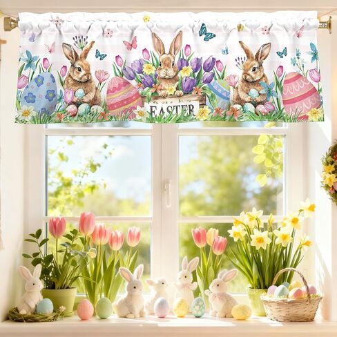 Easter Bunny Valances for Windows 54x18 Inch Rabbit Easter Eggs Butterfly Flowers Spring Curtain Valance for Kitchen Bathroom Bedroom Living Room Decor in Kuwait