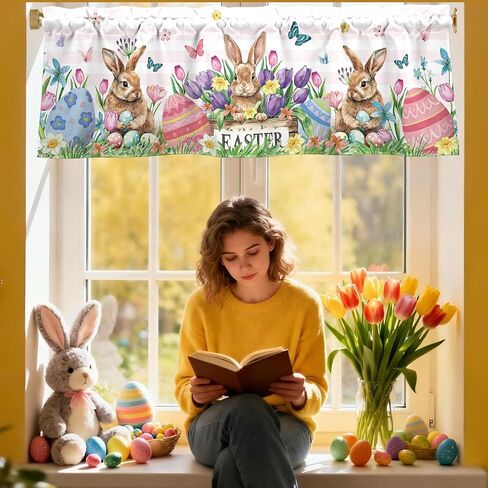 Easter Bunny Valances for Windows 54x18 Inch Rabbit Easter Eggs Butterfly Flowers Spring Curtain Valance for Kitchen Bathroom Bedroom Living Room Decor in Kuwait