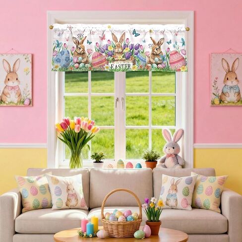 Easter Bunny Valances for Windows 54x18 Inch Rabbit Easter Eggs Butterfly Flowers Spring Curtain Valance for Kitchen Bathroom Bedroom Living Room Decor in Kuwait