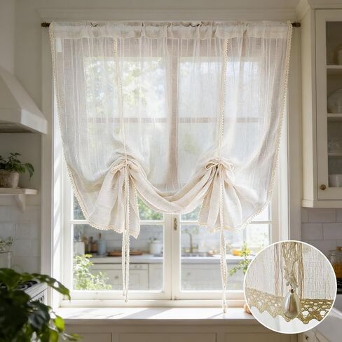 ستارة شفافة من الكتان البيج مخططة من أجل المطبخ وغرفة الطعام ستارة من طبقة التول قابلة للرفع وقابلة للتعديل لتصفية الضوء مع جيب قضيب من الدانتيل (بيج، عرض 39 طول 39 بوصة) in Kuwait