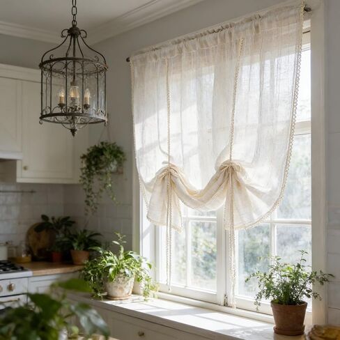 ستارة شفافة من الكتان البيج مخططة من أجل المطبخ وغرفة الطعام ستارة من طبقة التول قابلة للرفع وقابلة للتعديل لتصفية الضوء مع جيب قضيب من الدانتيل (بيج، عرض 39 طول 39 بوصة) in Kuwait