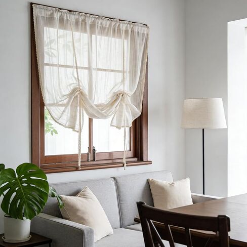 ستارة شفافة من الكتان البيج مخططة من أجل المطبخ وغرفة الطعام ستارة من طبقة التول قابلة للرفع وقابلة للتعديل لتصفية الضوء مع جيب قضيب من الدانتيل (بيج، عرض 39 طول 39 بوصة) in Kuwait