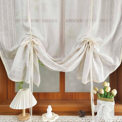 ستارة شفافة من الكتان البيج مخططة من أجل المطبخ وغرفة الطعام ستارة من طبقة التول قابلة للرفع وقابلة للتعديل لتصفية الضوء مع جيب قضيب من الدانتيل (بيج، عرض 39 طول 39 بوصة) in Kuwait