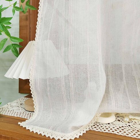 ستارة شفافة من الكتان البيج مخططة من أجل المطبخ وغرفة الطعام ستارة من طبقة التول قابلة للرفع وقابلة للتعديل لتصفية الضوء مع جيب قضيب من الدانتيل (بيج، عرض 39 طول 39 بوصة) in Kuwait