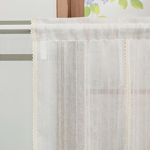 ستارة شفافة من الكتان البيج مخططة من أجل المطبخ وغرفة الطعام ستارة من طبقة التول قابلة للرفع وقابلة للتعديل لتصفية الضوء مع جيب قضيب من الدانتيل (بيج، عرض 39 طول 39 بوصة) in Kuwait