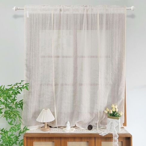 ستارة شفافة من الكتان البيج مخططة من أجل المطبخ وغرفة الطعام ستارة من طبقة التول قابلة للرفع وقابلة للتعديل لتصفية الضوء مع جيب قضيب من الدانتيل (بيج، عرض 39 طول 39 بوصة) in Kuwait