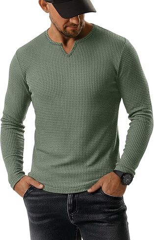 Men's Waffle V Neck Shirt Long Sleeve Thermal Pullover Top Casual Stretch Lightweight Undershirt in Saudi Arabia