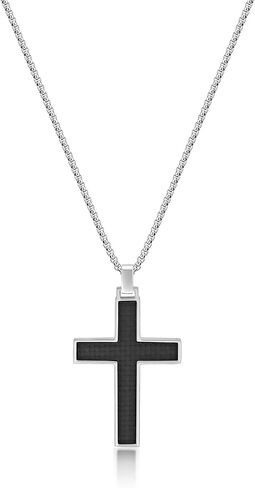 Metro Jewelry Timeless Carbon Fiber Cross Pendant for Men in Stainless Steel 24 Inches Long Box Chain Lobster Claw in Saudi Arabia