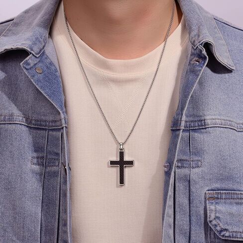 Metro Jewelry Timeless Carbon Fiber Cross Pendant for Men in Stainless Steel 24 Inches Long Box Chain Lobster Claw in Saudi Arabia