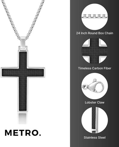 Metro Jewelry Timeless Carbon Fiber Cross Pendant for Men in Stainless Steel 24 Inches Long Box Chain Lobster Claw in Saudi Arabia