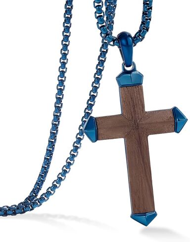 Men's Cross Necklace with Black Chain, Wood and Metal Pendant in Kuwait