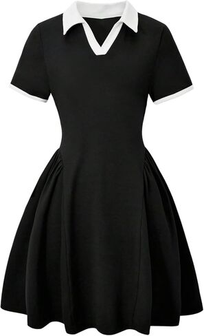 SHENHE Girl's Short Sleeve Tennis Dress Lapel Collar V Neck Ruffle Flowy Preppy Dress in Saudi Arabia