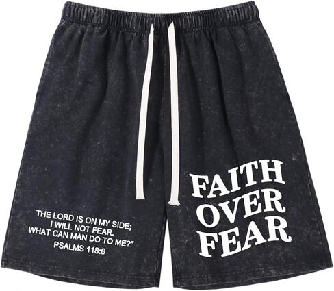 Boys Faith Over Fear Shorts Christian Jesus Elastic Waist Summer Letter Graphic Acid Wash Shorts with Pockets in Saudi Arabia