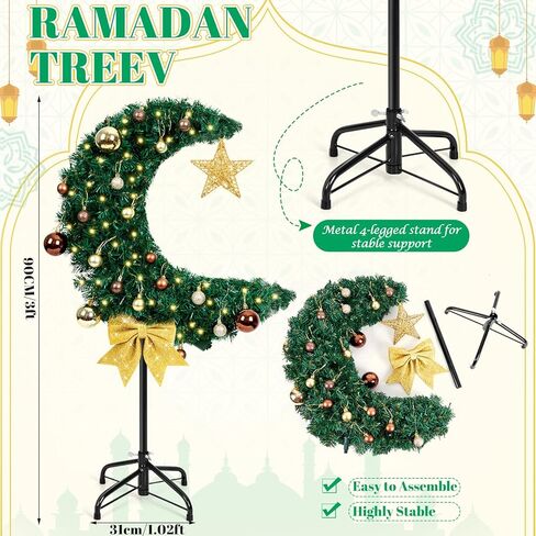 3FT LED Lighted Eid Ramadan Moon Tree with Star String, Artificial Muslim Islamic Crescent Moon Tree with Hanging Ornaments, Floor Standing Decor for Eid Mubarak Home Garden Party in Saudi Arabia