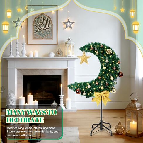 3FT LED Lighted Eid Ramadan Moon Tree with Star String, Artificial Muslim Islamic Crescent Moon Tree with Hanging Ornaments, Floor Standing Decor for Eid Mubarak Home Garden Party in Saudi Arabia