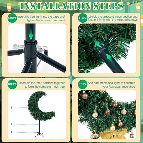 3FT LED Lighted Eid Ramadan Moon Tree with Star String, Artificial Muslim Islamic Crescent Moon Tree with Hanging Ornaments, Floor Standing Decor for Eid Mubarak Home Garden Party in Saudi Arabia