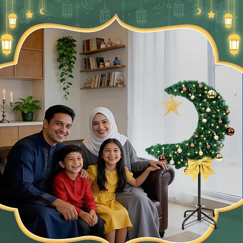 3FT LED Lighted Eid Ramadan Moon Tree with Star String, Artificial Muslim Islamic Crescent Moon Tree with Hanging Ornaments, Floor Standing Decor for Eid Mubarak Home Garden Party in Saudi Arabia