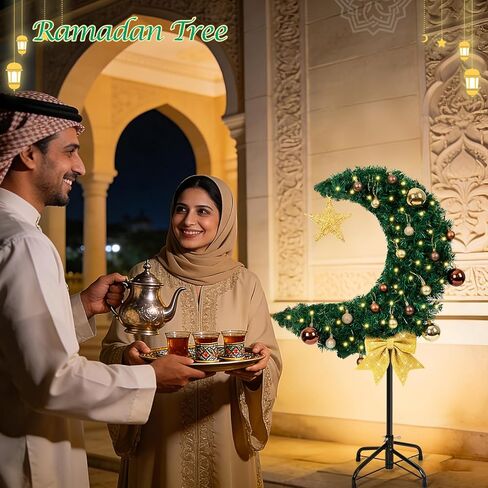 3FT LED Lighted Eid Ramadan Moon Tree with Star String, Artificial Muslim Islamic Crescent Moon Tree with Hanging Ornaments, Floor Standing Decor for Eid Mubarak Home Garden Party in Saudi Arabia