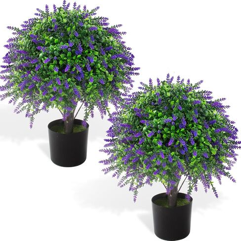 2 Pcs Artificial Lavender Topiary Ball Trees Potted Plants, UV Resistant Fake Lavender Topiary Plant Purple Trees for Garden, Front Door Porch and Outdoor Decor (Purple, M) in Saudi Arabia