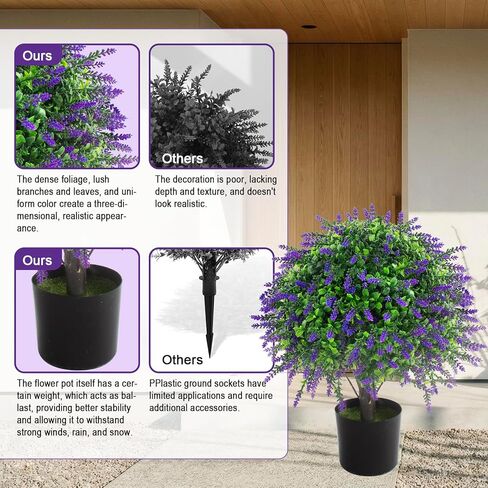 2 Pcs Artificial Lavender Topiary Ball Trees Potted Plants, UV Resistant Fake Lavender Topiary Plant Purple Trees for Garden, Front Door Porch and Outdoor Decor (Purple, M) in Saudi Arabia