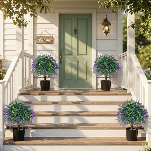 2 Pcs Artificial Lavender Topiary Ball Trees Potted Plants, UV Resistant Fake Lavender Topiary Plant Purple Trees for Garden, Front Door Porch and Outdoor Decor (Purple, M) in Saudi Arabia