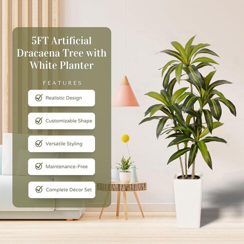 شجرة دراكاينا الاصطناعية بطول 5 أقدام - نبات داخلي طويل القامة مع نبات، نبات صناعي كبير لغرفة المعيشة والمكتب وغرفة النوم وديكور المنزل in Kuwait