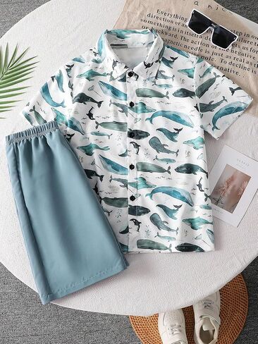 Fashionable and casual boy two-piece short sleeved shirt and shorts with marine animal print pattern in Saudi Arabia