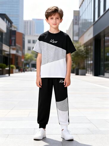 Boys' 2-Piece Outfit Set, Short-Sleeve T-Shirt & Jogger Pants, Color Block Casual Tee Tapered Trousers Clothing(9-12Y) in Saudi Arabia