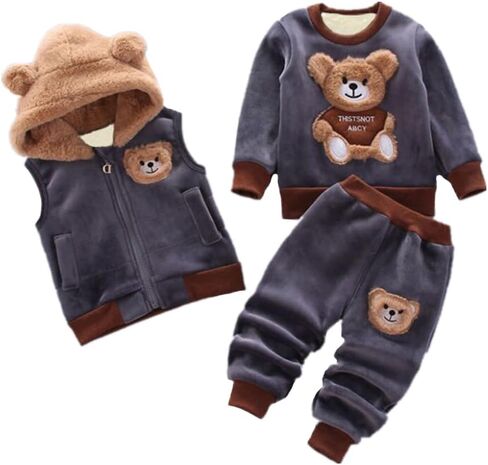 Fall Winter Baby Boys Cartoon Bear Hooded Vest+Tops+Pants Toddler Infant Casual 3pcs Clothing Suit in Saudi Arabia