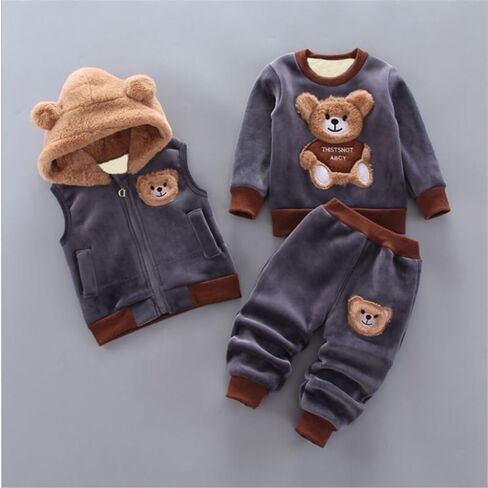 Fall Winter Baby Boys Cartoon Bear Hooded Vest+Tops+Pants Toddler Infant Casual 3pcs Clothing Suit in Saudi Arabia