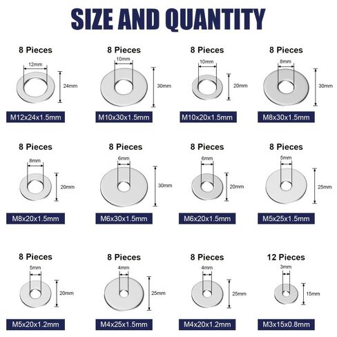 1 PC Stainless Steel Fender Washers Flat Washers for Screws and Bolts 100pcs Metal Washers Kit (12 Sizes M3-M12) Assorted Large in Saudi Arabia