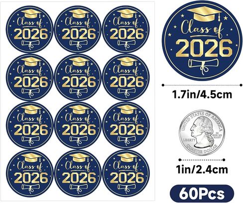 Anwyll Graduation Stickers 2026 - Class of 2026 Stickers 60Pcs 1.75'' Graduation Envelope Seal Label Sticker Self Adhesive Congrats Grad Cap Hat Sticker for Senior College Grad Party Favors(Gold Blue) in Kuwait