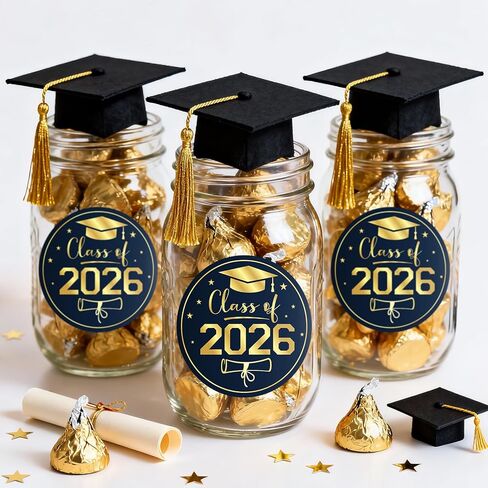 Anwyll Graduation Stickers 2026 - Class of 2026 Stickers 60Pcs 1.75'' Graduation Envelope Seal Label Sticker Self Adhesive Congrats Grad Cap Hat Sticker for Senior College Grad Party Favors(Gold Blue) in Kuwait