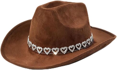 قبعة رعاة البقر ذات قلوب لامعة من حجر الراين ورأى قبعة راعية البقر بحافة واسعة مع حبل قابل للتعديل للرجال والنساء باللون البني in Kuwait