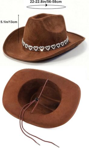 قبعة رعاة البقر ذات قلوب لامعة من حجر الراين ورأى قبعة راعية البقر بحافة واسعة مع حبل قابل للتعديل للرجال والنساء باللون البني in Kuwait