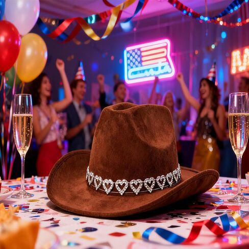 قبعة رعاة البقر ذات قلوب لامعة من حجر الراين ورأى قبعة راعية البقر بحافة واسعة مع حبل قابل للتعديل للرجال والنساء باللون البني in Kuwait