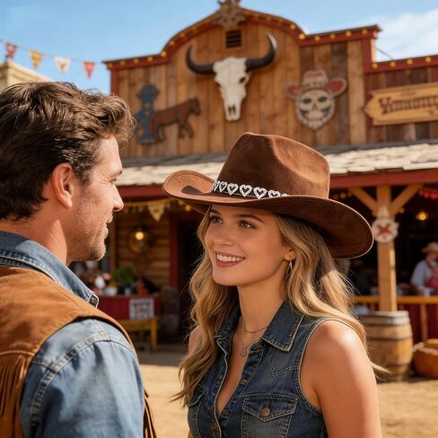 قبعة رعاة البقر ذات قلوب لامعة من حجر الراين ورأى قبعة راعية البقر بحافة واسعة مع حبل قابل للتعديل للرجال والنساء باللون البني in Kuwait