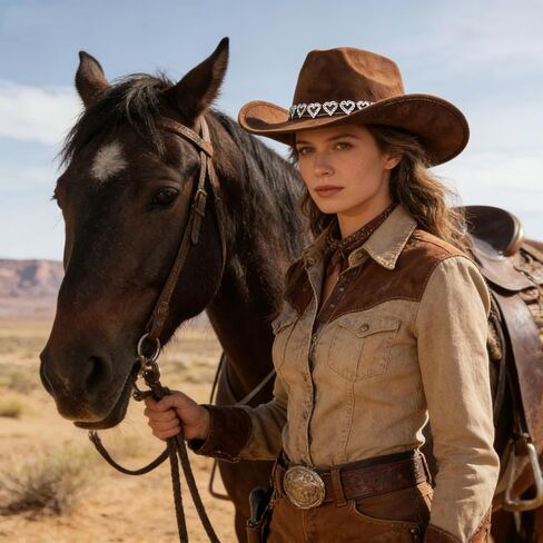 قبعة رعاة البقر ذات قلوب لامعة من حجر الراين ورأى قبعة راعية البقر بحافة واسعة مع حبل قابل للتعديل للرجال والنساء باللون البني in Kuwait