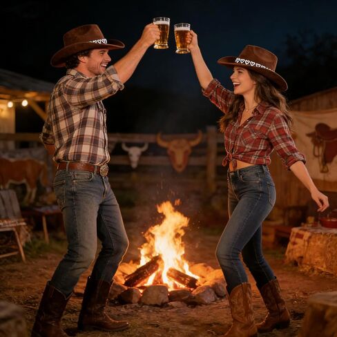 قبعة رعاة البقر ذات قلوب لامعة من حجر الراين ورأى قبعة راعية البقر بحافة واسعة مع حبل قابل للتعديل للرجال والنساء باللون البني in Kuwait