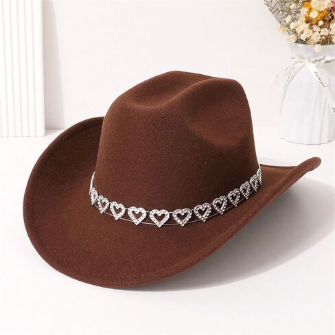 قبعة رعاة البقر ذات قلوب لامعة من حجر الراين ورأى قبعة راعية البقر بحافة واسعة مع حبل قابل للتعديل للرجال والنساء باللون البني in Kuwait