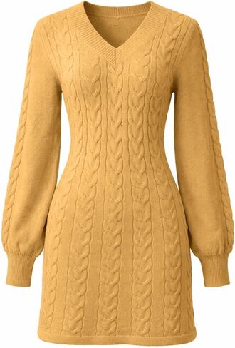 Women’s Cable Knit Sweater Dress Long Sleeve V Neck Slim Fit Pullover Warm Cozy Fall Winter Knitwear Outfits in Saudi Arabia