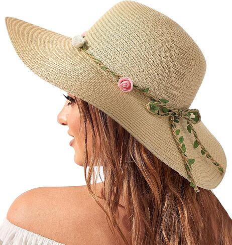 قبعات الشاطئ للنساء، قبعة من القش ذات حافة واسعة للنساء، قبعة شمسية بعامل حماية من الأشعة فوق البنفسجية 50+ حماية من الأشعة فوق البنفسجية in Kuwait