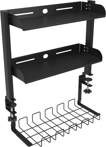 Clamp On Desk Shelf, 17'' 2-Tier Desktop Organizer Shelf with Under-Desk Hidden Storage Basket, Heavy-Duty Desk Shelves for Top of Desk, Space-Saving Desk Storage for Home Office Gaming Setup (Black) in Saudi Arabia