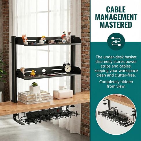 Clamp On Desk Shelf, 17'' 2-Tier Desktop Organizer Shelf with Under-Desk Hidden Storage Basket, Heavy-Duty Desk Shelves for Top of Desk, Space-Saving Desk Storage for Home Office Gaming Setup (Black) in Saudi Arabia